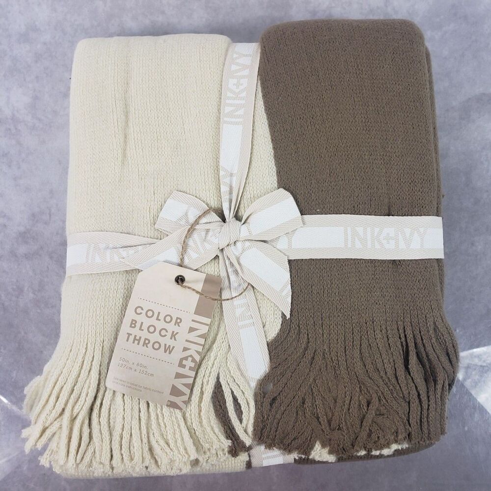 INKIVY Stockholm Throw Blanket Color Block Taupe Fringe Cozy 50 x 60